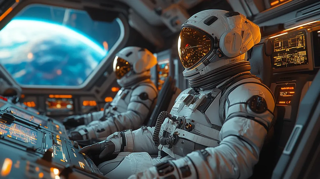 Two astronauts are seated in a spaceship, wearing white suits with helmets. The spaceship's interior is futuristic, with a large window showing a blue planet and a complex control panel. One astronaut is looking out the window while the other operates a digital display. The scene is filled with a sense of wonder and exploration.