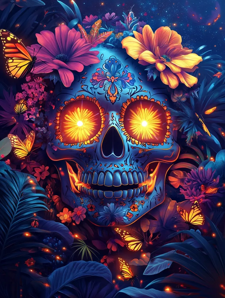 A vibrant, blue sugar skull with glowing eyes is surrounded by colorful flowers, leaves, and butterflies. The skull is decorated with intricate patterns and a whimsical smile. The background is dark, but glowing lights and the bright colors of the skull and flowers create a captivating scene.