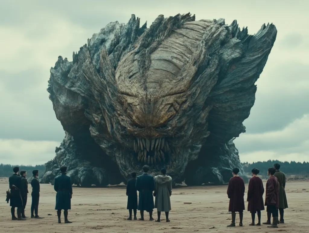 A large, imposing, rocky creature with sharp teeth stands on a sandy beach. Its body resembles a giant boulder, with intricate textures and a menacing expression.  A group of nine figures, dressed in dark clothing, stand a safe distance away, dwarfed by the creature's size. The overcast sky adds to the eerie atmosphere of the scene.