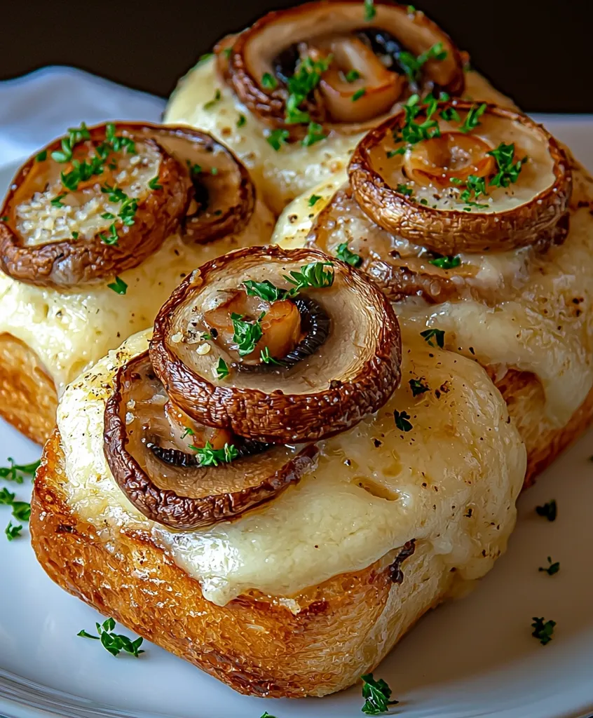 A close-up of a plate of three grilled cheese sandwiches topped with melted cheese, sauteed mushrooms, and fresh parsley. The sandwiches are golden brown and crusty, with a generous amount of melted cheese. The mushrooms are large and flavorful, and the parsley adds a touch of freshness. The dish looks delicious and inviting, perfect for a cozy meal.