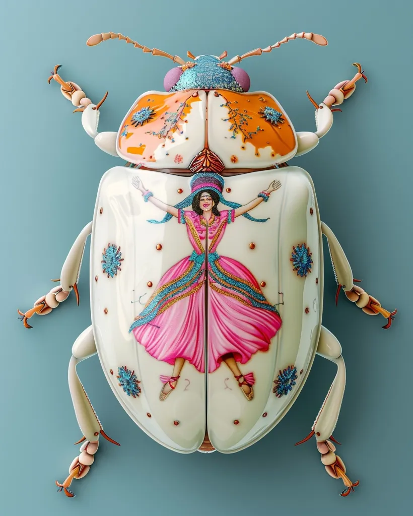 The image depicts a large beetle with a white, cream and orange shell.  The beetle is decorated with a painted design of a woman in a pink dress and blue hat, dancing.  The beetle's body has a high level of detail, and its shell is adorned with small dots of gold.  The image is likely an illustration or a digital creation.
