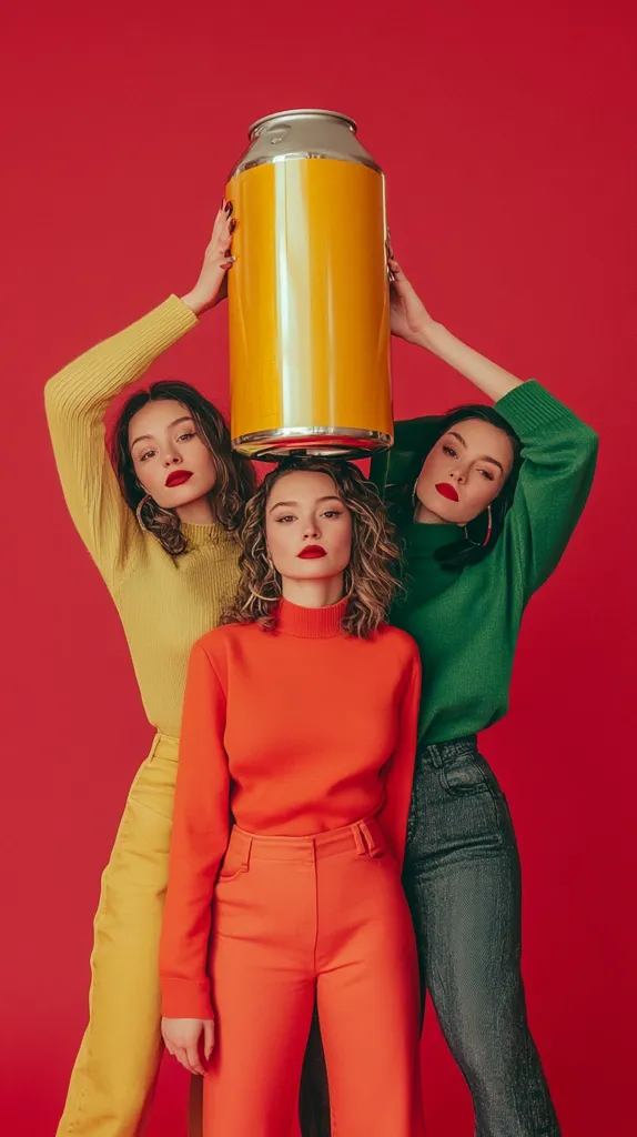 Three young women are posing against a red background, each wearing a different colored sweater. They are holding a large, yellow can between their heads. The woman in the middle is wearing an orange sweater, while the women on either side are wearing yellow and green sweaters, respectively. The women are all smiling and looking at the camera. The image is playful and colorful.