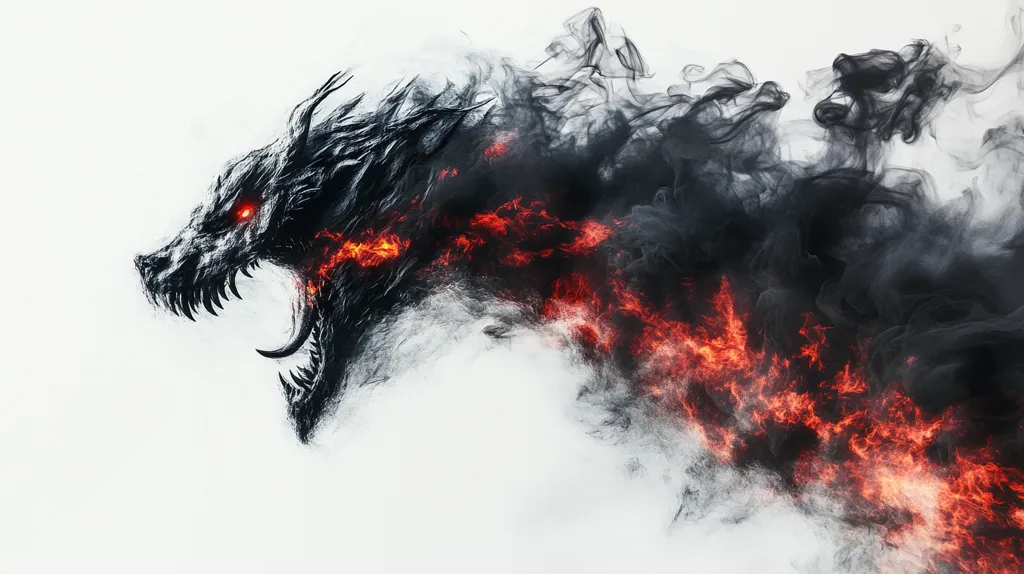 The image depicts a fierce, black wolf-like creature with glowing red eyes, emerging from a cloud of swirling smoke and fire. The creature's sharp teeth are bared in a menacing growl, creating a sense of danger and power. The contrast between the dark creature and the bright flames creates a striking visual impact.