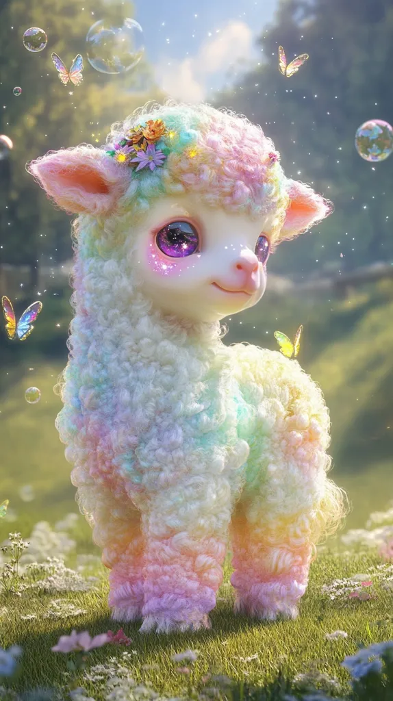A fluffy, pastel-colored lamb with large, sparkly eyes stands in a grassy field, surrounded by flowers and butterflies. The lamb's fur is a rainbow of colors, creating a whimsical and dreamlike scene. Soft, out-of-focus bubbles float in the air, adding to the magical atmosphere. The image evokes a sense of childhood innocence and wonder.