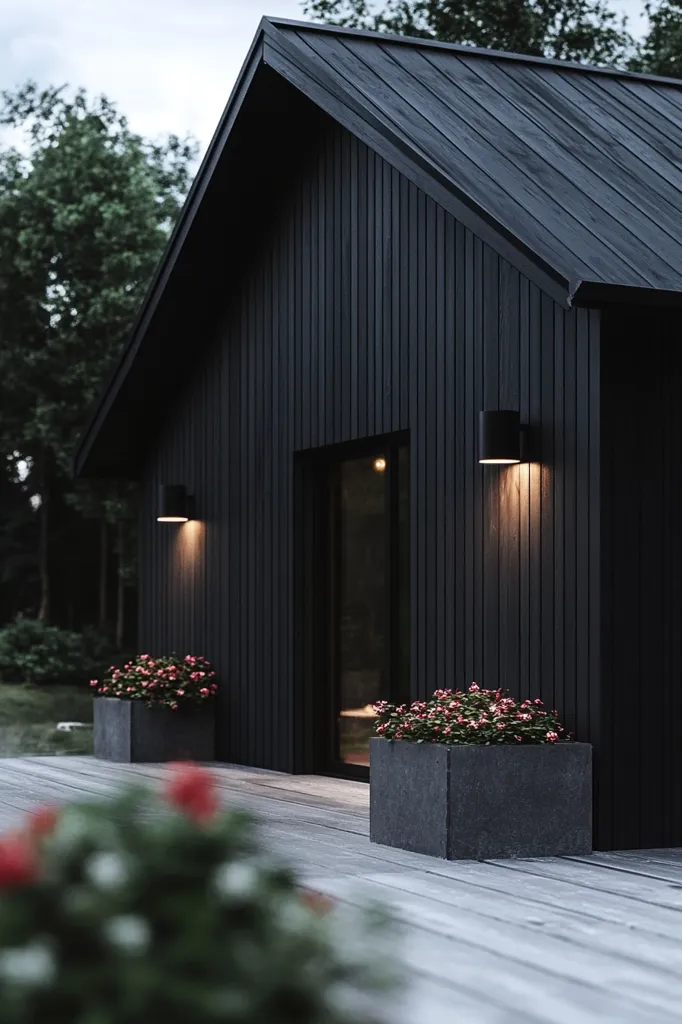 A modern black cabin with a pitched roof and wooden siding. There are two large windows on the side with a wooden deck in front of them. The cabin is lit by two outdoor lights on the wall and is decorated with potted pink flowers. The surrounding trees are lush and green. The image is taken from a low angle, looking up at the cabin.