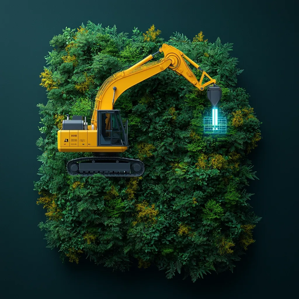 A yellow excavator with a black bucket arm is positioned against a lush green vertical garden. The arm is extended, holding a translucent blue cube in mid-air, creating a sense of juxtaposition between construction and nature. The excavator's tracks are visible on the bottom of the image, while the garden features a variety of foliage, including ferns and small yellow flowers. The background is a dark green, providing a stark contrast to the bright colors of the excavator and the garden.