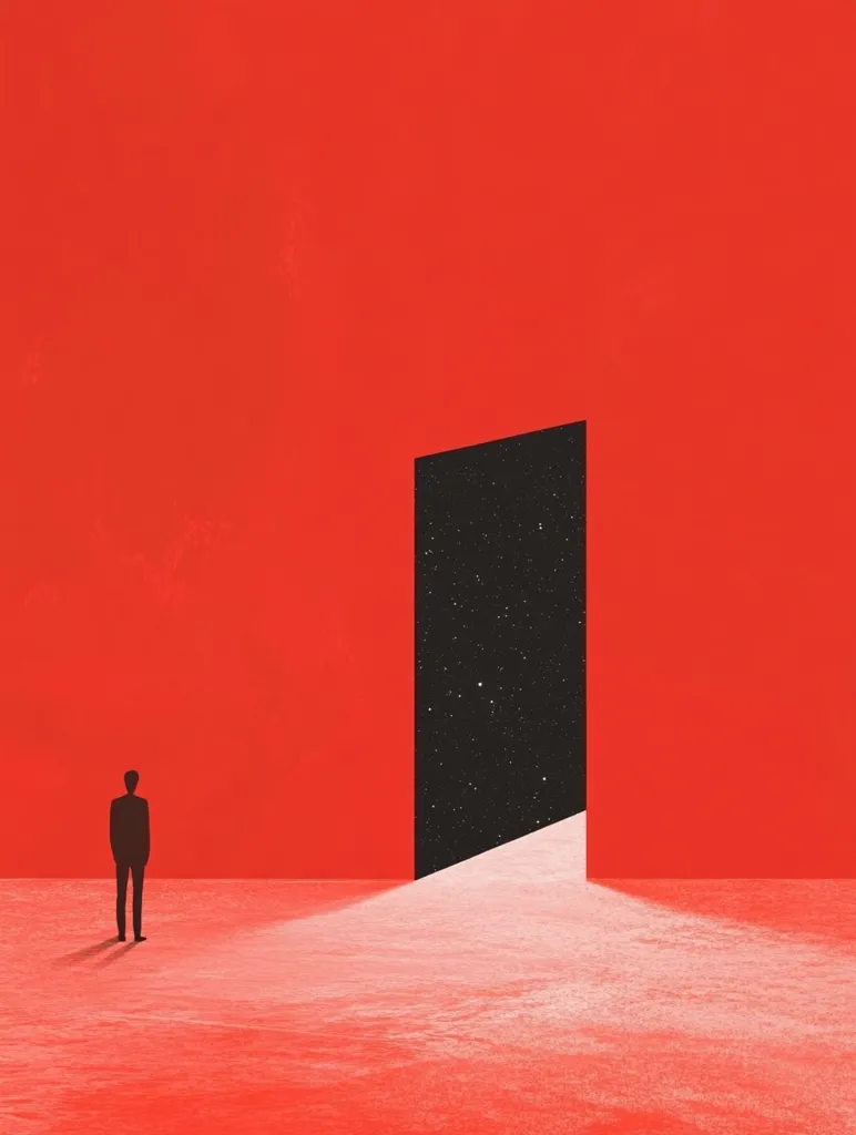 A solitary figure stands before a large, open doorway in a red room. The doorway leads to a black void with scattered stars, creating a stark contrast against the bright red.  The scene evokes a sense of mystery and the unknown, prompting contemplation about choice and transition.