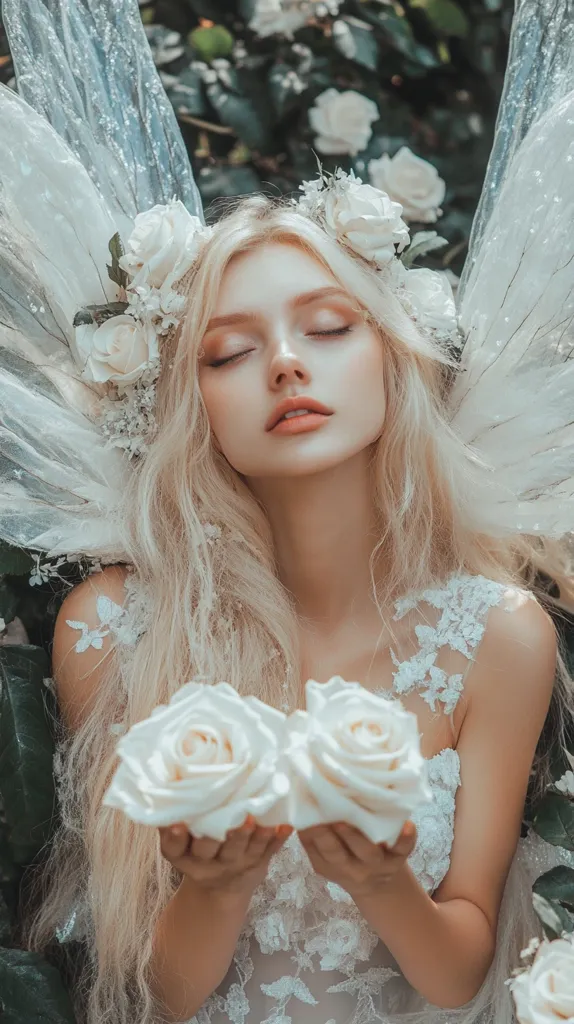 A young woman with long blonde hair and delicate features wears a white dress and a crown of white roses. She holds two large white roses in front of her, her eyes closed in a serene expression. White feathery wings extend behind her, adding to the ethereal atmosphere.  The background features lush green foliage, creating a whimsical fairy-like setting.  The image evokes a sense of innocence, beauty, and magic.