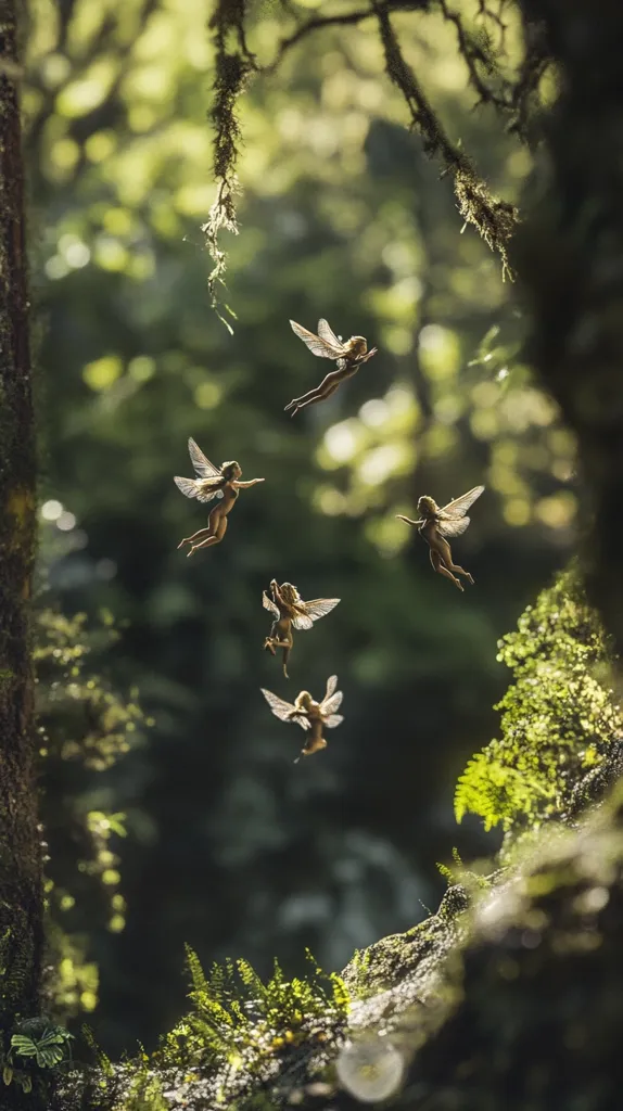 The image shows a magical scene with five fairies flying in a sun-dappled forest. The fairies are silhouetted against the green foliage, creating an ethereal and enchanting atmosphere. The light filtering through the leaves adds depth and beauty to the scene. The fairies appear to be in flight, their wings spread wide, and their bodies are gracefully curved, creating a sense of movement and wonder. The overall image is one of fantasy and whimsy, suggesting a world where magic and nature co-exist.  The green mossy foreground anchors the fairies within a natural setting.