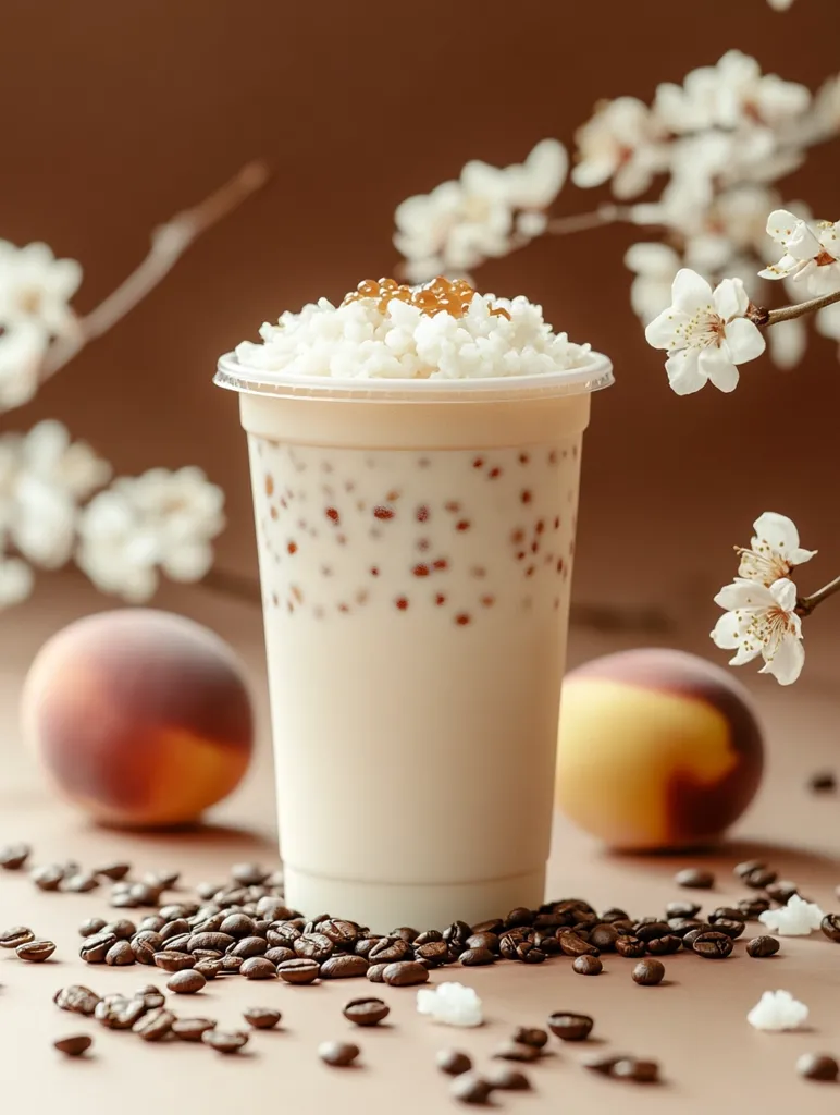 A cup of iced coffee with boba pearls and a layer of whipped cream is topped with caramel syrup. It is placed on a brown surface surrounded by coffee beans, two peaches, and a branch of white blossoms. The background is a soft brown. The image is lit from the front and is in focus.