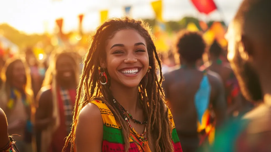 A young woman with long dreadlocks smiles brightly at the camera.  She's wearing a colorful tank top and a necklace.  The background is a blurry image of a crowded music festival with colorful flags and bright sunlight. The photo captures the joy and energy of a summer festival.