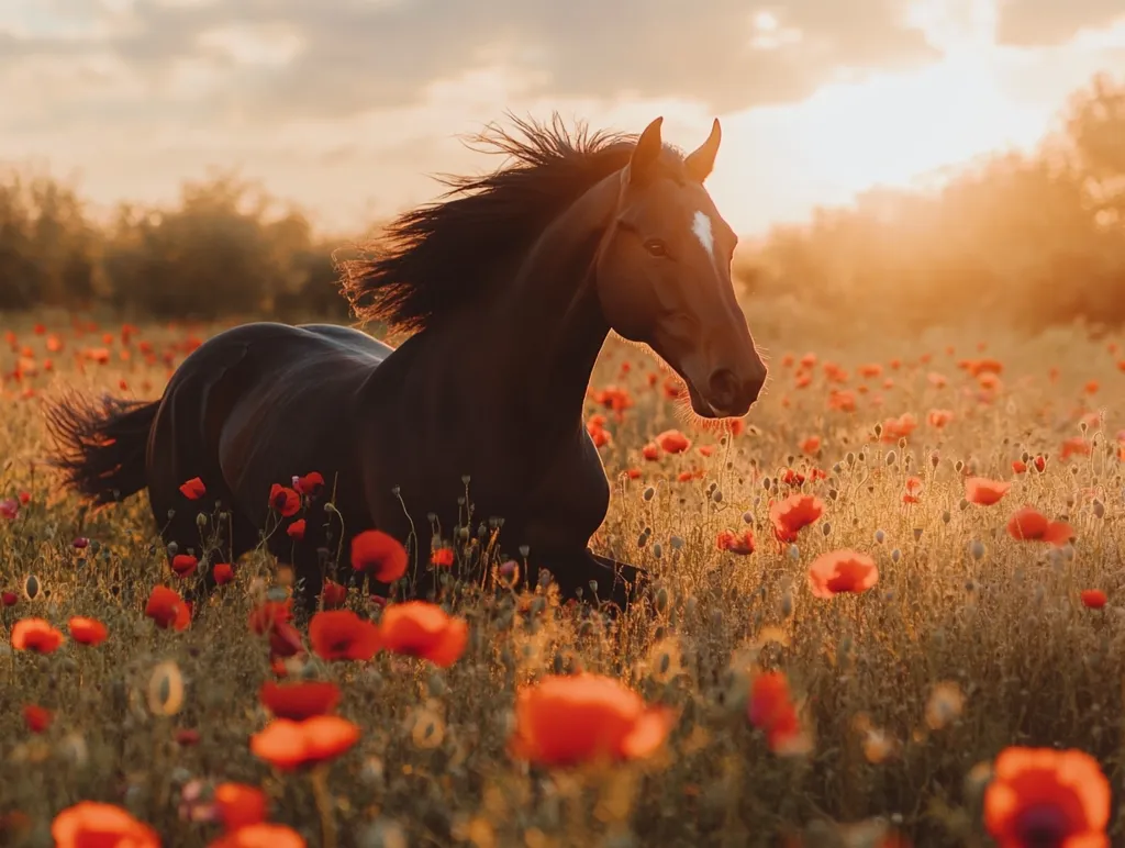 A black horse with a long flowing mane runs through a field of red poppies. The sun is setting in the background, casting a warm glow over the scene. The horse's head is turned slightly towards the camera, and its eyes are focused on something in the distance. The poppies are in full bloom, their bright red petals contrasting beautifully with the horse's dark coat. The image is peaceful and serene, capturing a moment of beauty in nature.