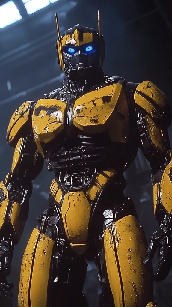 A yellow and black robot stands against a dark background, its blue eyes glowing. It has a humanoid form with a detailed, metallic exterior. The robot's surface is marked with dirt and grime, suggesting it has been through a battle.  The lighting highlights the robot's muscular form and emphasizes its imposing presence.