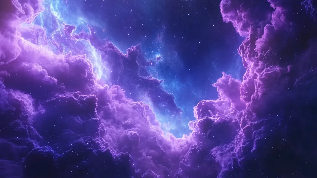 The image depicts a cosmic landscape of swirling purple clouds against a backdrop of a starry night sky. The clouds are ethereal and luminous, casting a dreamy glow across the vast expanse of space. The stars twinkle brightly, adding a sense of wonder and mystery to the scene. The combination of vibrant colors, celestial elements, and ethereal textures creates a visually stunning and captivating composition.