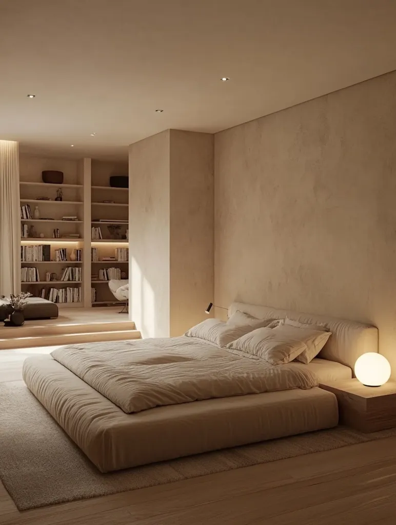 The image shows a minimalist bedroom with a large platform bed in the center, covered in a white duvet and two fluffy pillows.  The room is painted in a warm beige tone with a textured wall behind the bed.  There is a simple bedside table with a large orb lamp. To the left, a set of bookshelves in a similar beige tone can be seen. The room is illuminated by subtle overhead lighting.  The overall aesthetic is calm, clean, and inviting.