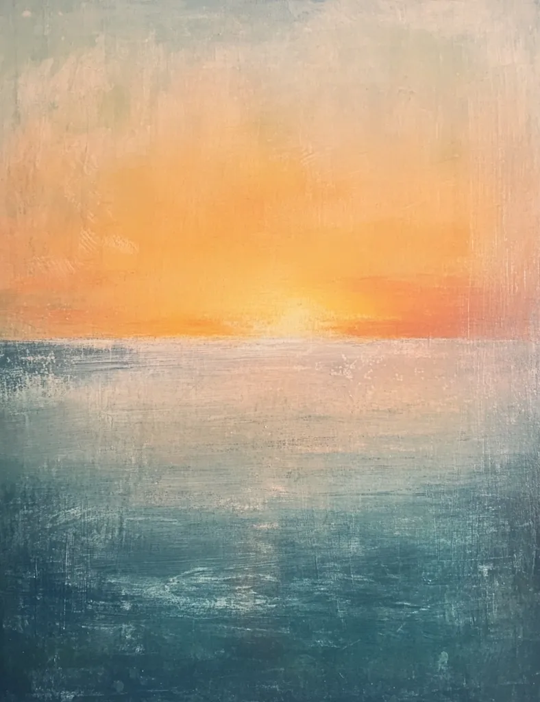 The painting depicts a sunset over a calm body of water. The sky is a soft orange and pink, while the water is a cool blue-green. The painting has a soft, dreamlike quality, and the brushstrokes are loose and expressive. The overall effect is one of peace and tranquility.  The painting is likely an abstract interpretation of a sunset. It could be a seascape or a landscape with a lake.  The artist has used a limited palette of colors, but they are used to create a sense of depth and atmosphere. The painting is a beautiful and evocative depiction of a sunset.
