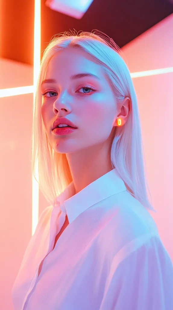 A young woman with long blonde hair, wearing a white collared shirt, is lit with pink and blue neon lights. Her blue eyes are looking directly at the camera, and she has a soft expression on her face. She is wearing a small, yellow earring. The background is blurred and the light is casting a soft glow on her skin.