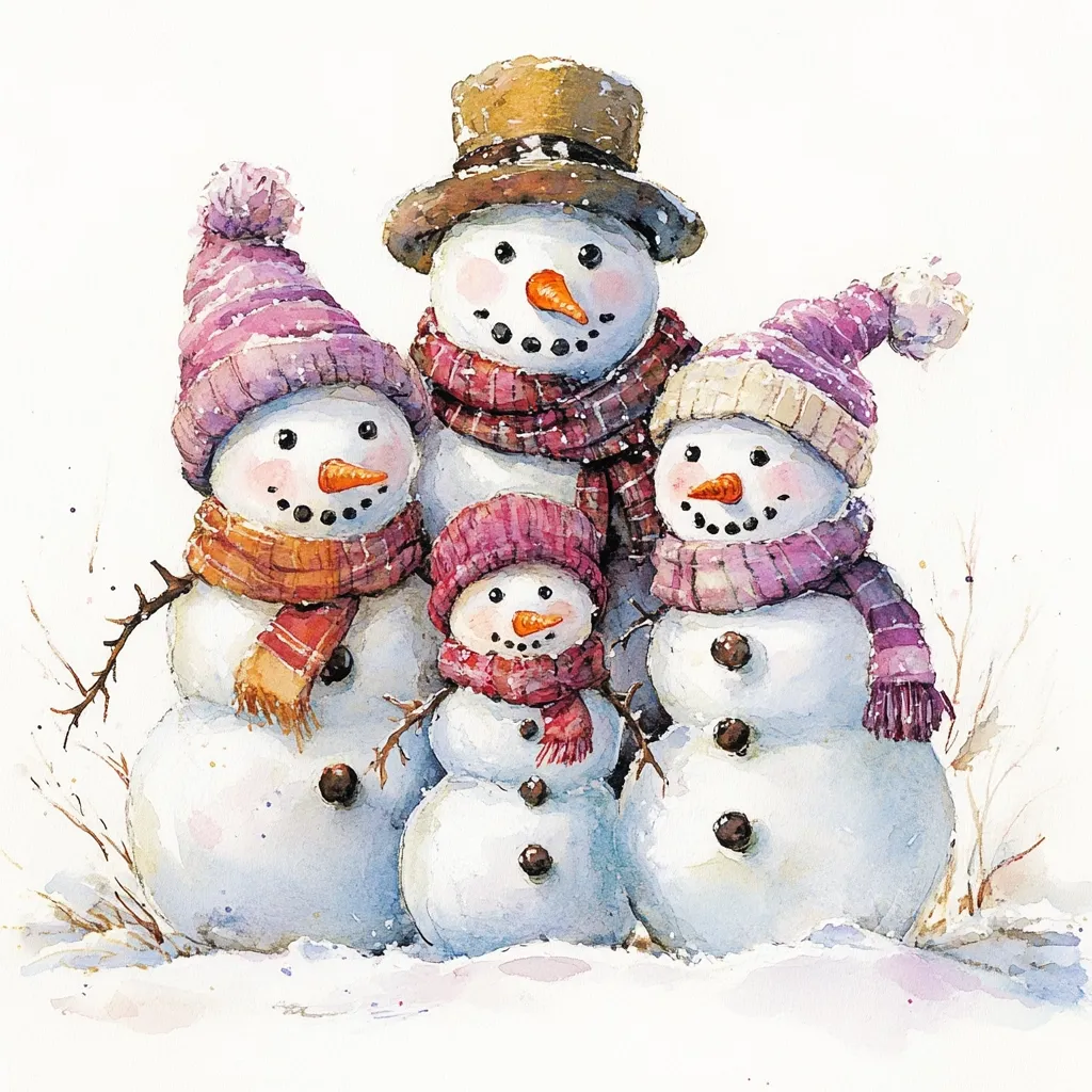A family of four snowmen stand together in a snowy landscape. The tallest snowman wears a brown hat and plaid scarf, and his family members wear various shades of pink. They are all smiling and happy, and the youngest snowman is wearing a matching pink hat. The image is painted in watercolor and has a whimsical, festive feel.