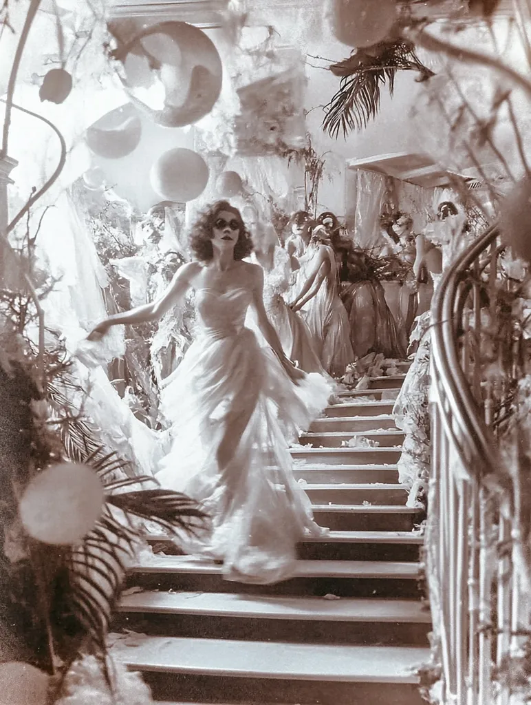 A woman in a white dress walks down a grand staircase in a lavishly decorated hall. The image is in black and white and has a dreamy, ethereal quality. The woman's dress flows behind her, and her hair is styled in a soft, elegant wave. Other figures in the background appear to be dressed in similar white attire, adding to the overall sense of festivity and celebration. The scene is full of light and airy, with white balloons and other decorations creating a festive atmosphere. The overall impression is one of opulence and elegance.