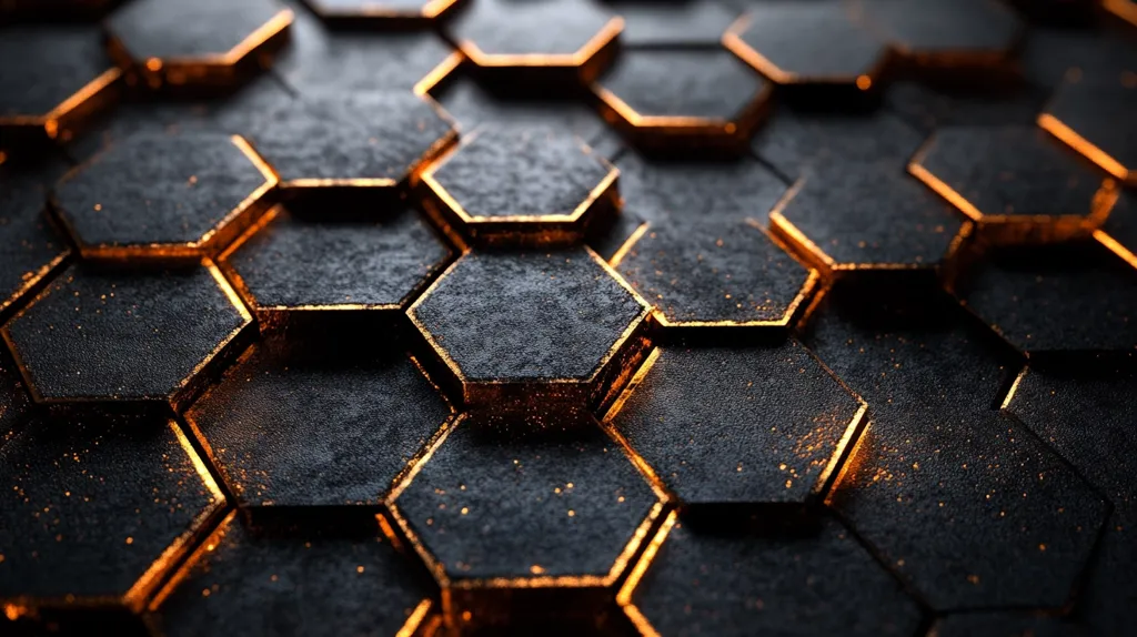 The image is a close-up of a honeycomb pattern. The hexagons are made of a dark material, possibly metal, and have a subtle metallic sheen. The edges of the hexagons are outlined in gold, which creates a striking contrast against the dark background. The image is focused on the center of the pattern, with the hexagons in the background blurred to create a sense of depth. The overall effect is one of elegance and sophistication, with a hint of mystery.