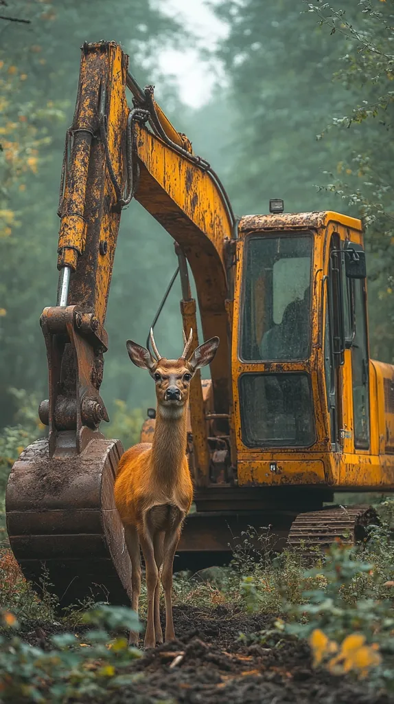 A young deer stands in front of a large, yellow excavator. The deer's fur is a rich, reddish brown, and its large, brown eyes are fixed on the camera. The excavator is partially obscured by green foliage, suggesting a woodland setting. The scene evokes a sense of the unexpected encounter between nature and machinery, highlighting the contrast between the delicate beauty of the deer and the powerful presence of the excavator.  The image is captured in a soft, muted color palette that adds a touch of mystery to the scene.