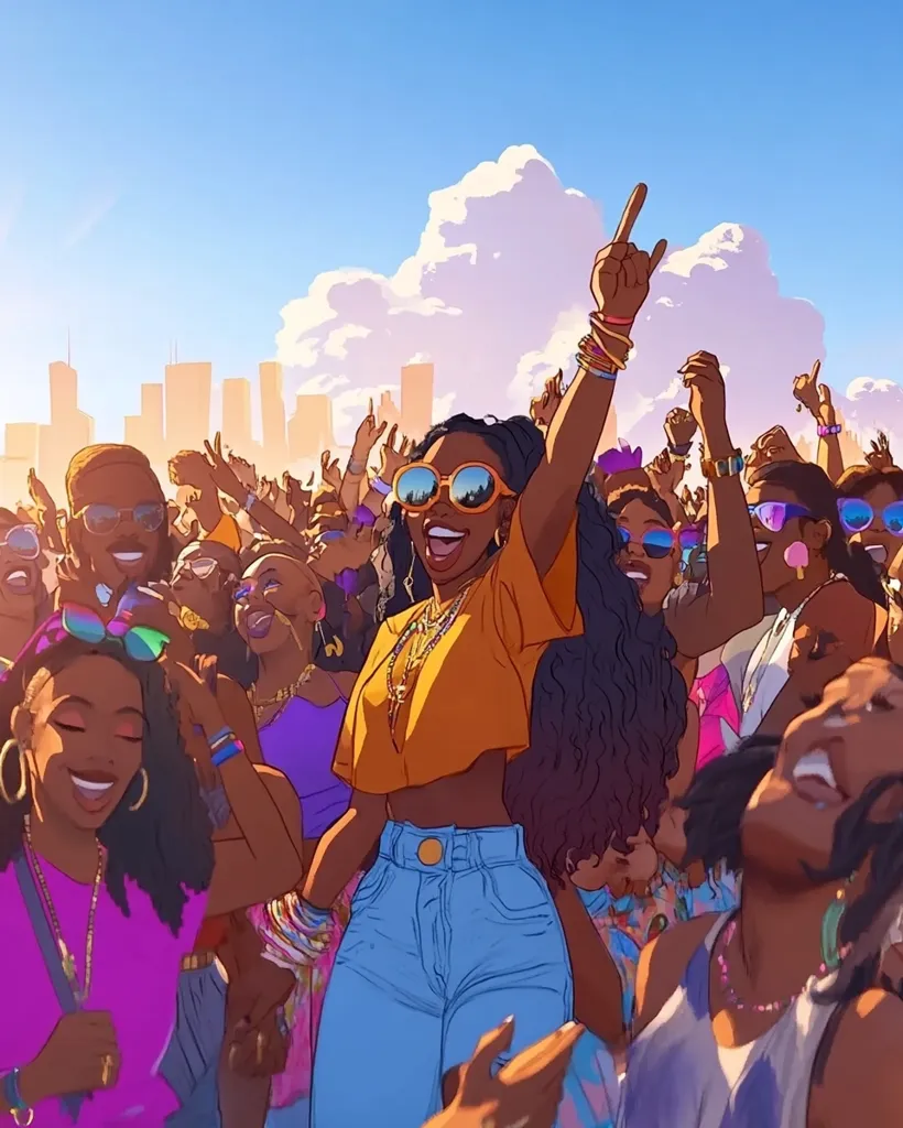 A vibrant crowd of people, primarily young adults, are enjoying a music festival. The atmosphere is electric with excitement,  with people dancing, singing, and cheering. The woman in the center of the image, wearing a yellow top and blue jeans, embodies the joyous mood. Her raised arm and beaming smile capture the spirit of celebration. The image is filled with color and energy, reflecting the joy and unity of the event.