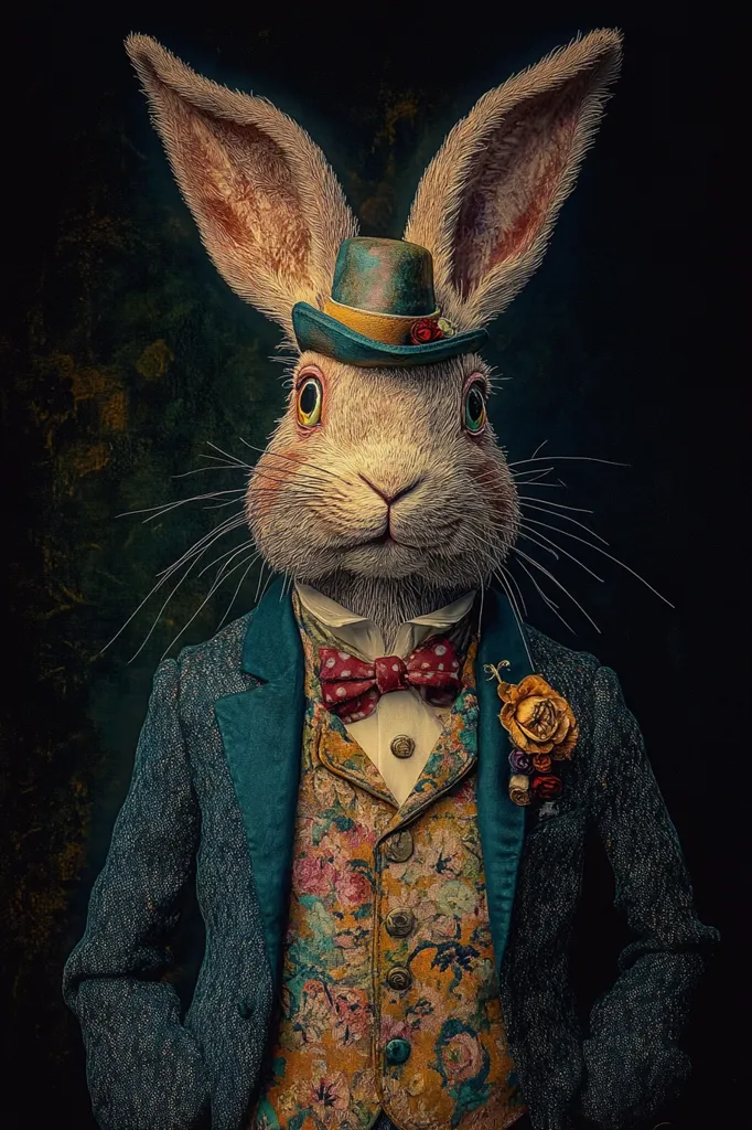 A rabbit with large ears, wearing a blue top hat, a blue jacket with a floral vest, and a red bowtie, stands against a dark background. The rabbit's eyes are large and round, and its whiskers are long and white. The image is likely created using digital art techniques.