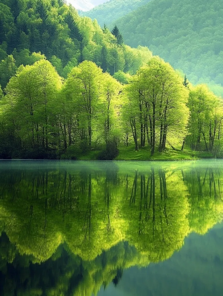 A serene landscape with a tranquil lake reflecting the lush green trees on its banks. The water is still, creating a mirror image of the surrounding foliage. The trees are densely packed, their leaves shimmering in the sunlight. The hills in the background add depth and perspective to the scene, creating a sense of peace and tranquility.