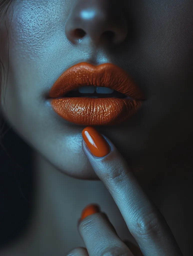 The image is a close-up of a woman's face, focusing on her lips and a single finger. Her lips are painted a vibrant orange and are slightly parted, revealing a glimpse of her teeth. The finger, also painted orange, rests gently on her chin. The lighting is dramatic, casting shadows and highlighting the vibrant colors. The overall mood of the image is mysterious and alluring.