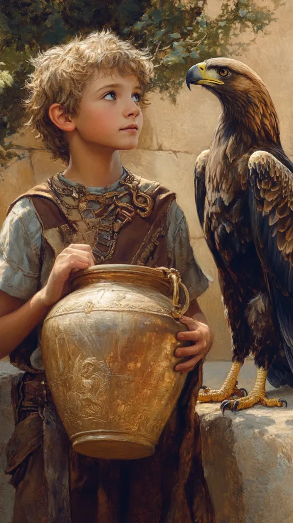 A young boy with curly blond hair and a curious expression holds a golden pot. He is dressed in simple brown and blue clothing and wears an intricate necklace.  A large, brown eagle with sharp talons stands beside him, looking at the boy. The scene is set against a backdrop of a stone wall and foliage.  The light shines on the boy's face, creating a warm and dramatic effect.  The image suggests a story of wonder and adventure.