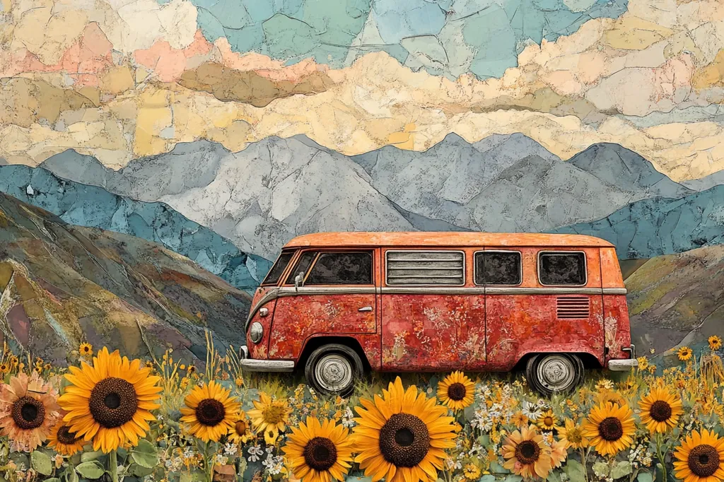 A vintage, red camper van is parked in a field of sunflowers with a mountain range in the background. The sky is a mixture of blue and yellow with white clouds. The image has a rustic, vintage feel with a collage style. The scene evokes a sense of peace and tranquility, capturing a moment of freedom and adventure.