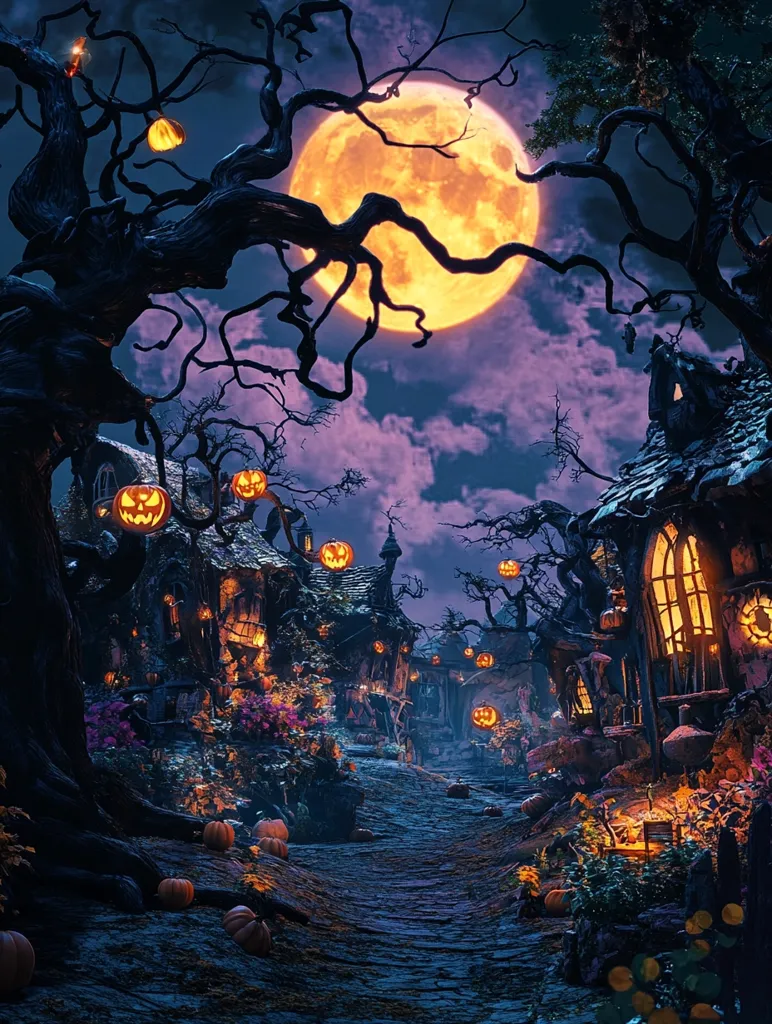 A cobblestone path winds through a spooky, Halloween-themed village, bathed in the warm glow of a full moon and jack-o-lanterns. Twisted trees cast long shadows on the quaint houses, creating a mysterious and enchanting atmosphere. Pumpkins dot the path, adding to the festive charm of the scene.  The air hangs heavy with anticipation, as if something magical is about to happen.