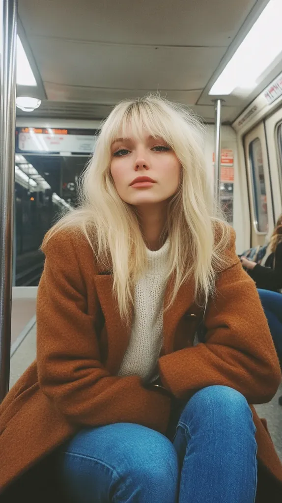 A young woman with long blonde hair, wearing a brown coat and blue jeans, sits in a subway car. She has a serious expression on her face, and she looks directly at the camera. The interior of the subway car is visible in the background.  The lighting is soft and warm.  The photo captures a moment of quiet contemplation.