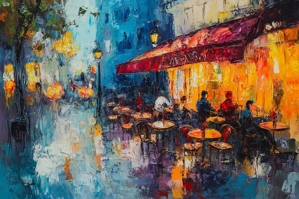 The painting depicts a bustling Parisian cafe at night. The cafe is brightly lit, with patrons sitting at tables outside. The scene is painted in a loose, impressionistic style with vibrant colors and thick brushstrokes. There are trees and streetlights on the left, creating a romantic atmosphere. The overall impression is one of warmth, energy, and joie de vivre.