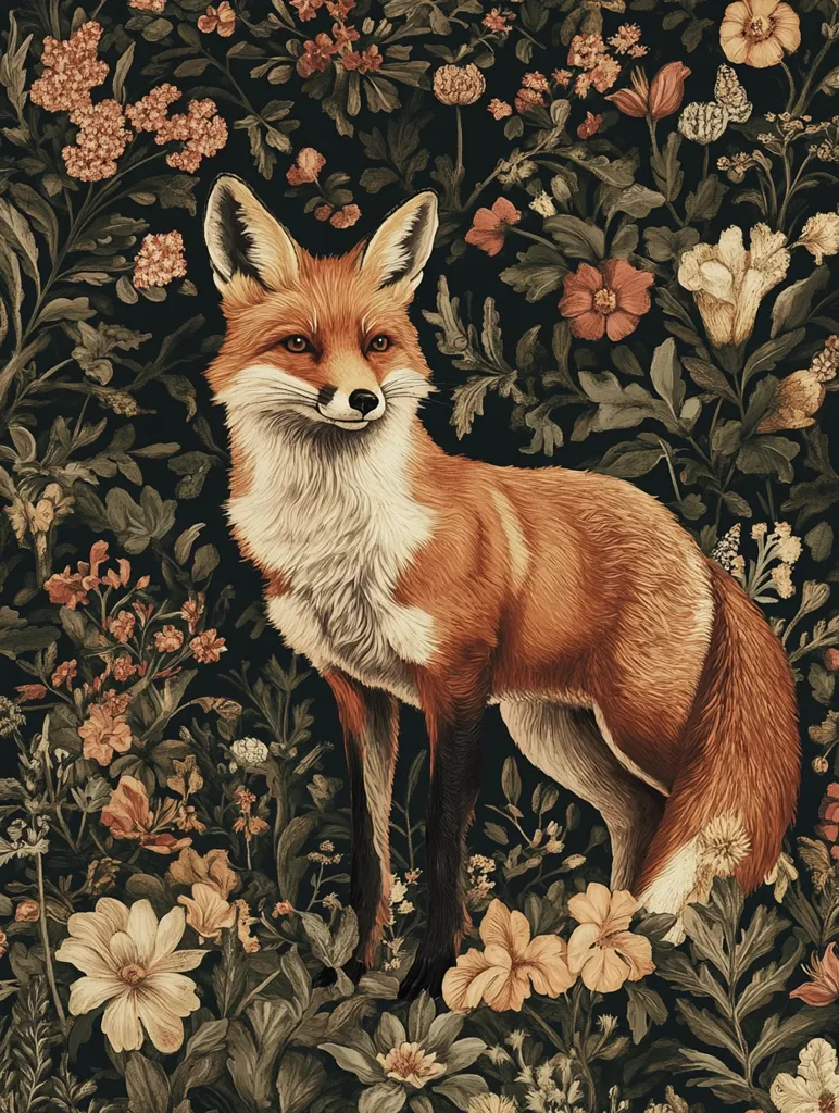 A fox stands amidst a lush, verdant tapestry of flowers and foliage. The fox's orange fur and black legs are sharply contrasted against the rich greens and browns of the natural setting. The flowers, rendered in intricate detail, include delicate blossoms in shades of white, yellow, and pink. The image captures a moment of quiet contemplation in a world of vibrant life and natural beauty.