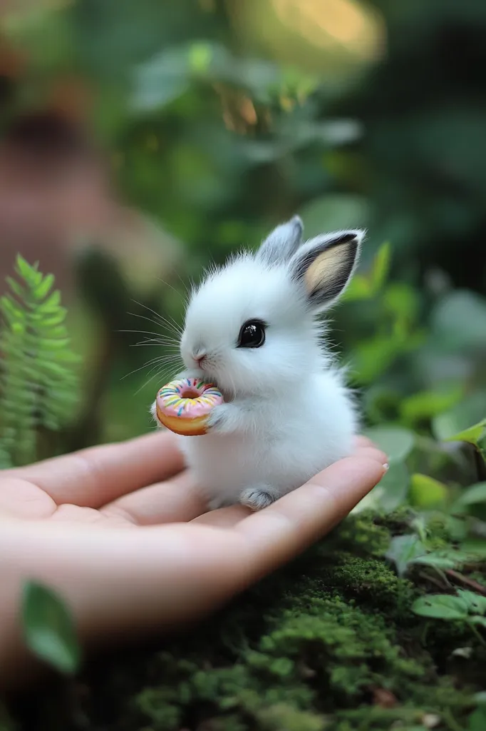 A small white rabbit sits in an outstretched hand, a tiny pink donut held in its paws. It has big black eyes and small black nose. The rabbit sits on top of green moss with blurry green foliage behind it. The scene evokes a sense of tenderness and fragility.