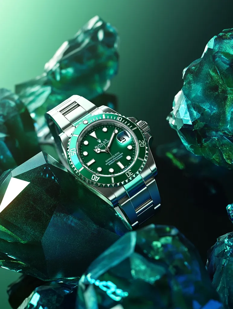 A Rolex Submariner watch with a green face and bezel is positioned on a bed of sparkling green crystals. The watch's silver metal band and the sharp edges of the crystals create a dramatic and luxurious image. The green hues of the watch and the crystals complement each other, highlighting the beauty and sophistication of both. The background is a blurred green, adding to the overall sense of depth and richness.