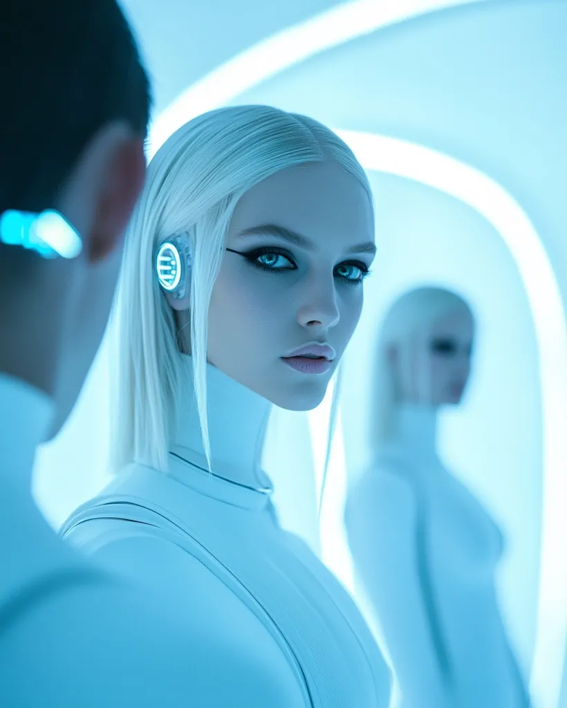 The image shows a woman with long platinum blonde hair and a sleek white outfit standing in a futuristic, brightly lit room. She has striking dark eye makeup, a piercing gaze, and a small earpiece. The background features a blurred figure, suggesting a sense of anonymity and potential surveillance. The overall image evokes a sense of futuristic technology, isolation, and potential mystery.