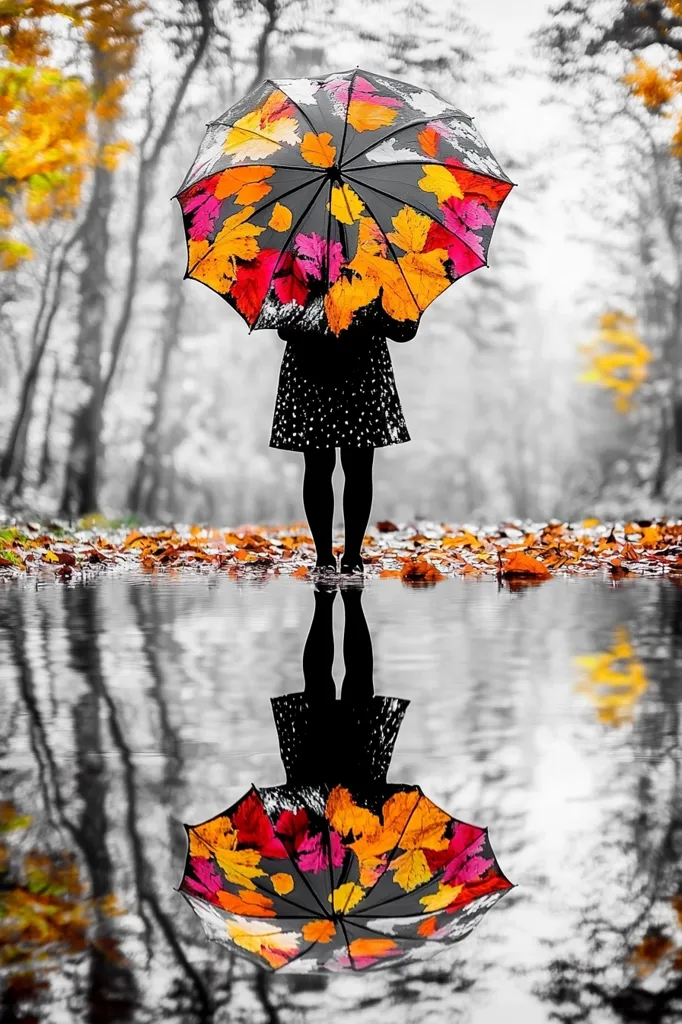 A young woman in a polka dot dress walks through a black and white forest, holding a brightly colored umbrella with autumn leaves. She walks through a puddle, creating a colorful reflection of herself and the umbrella. The scene is a beautiful contrast of color and black and white, capturing the essence of autumn.