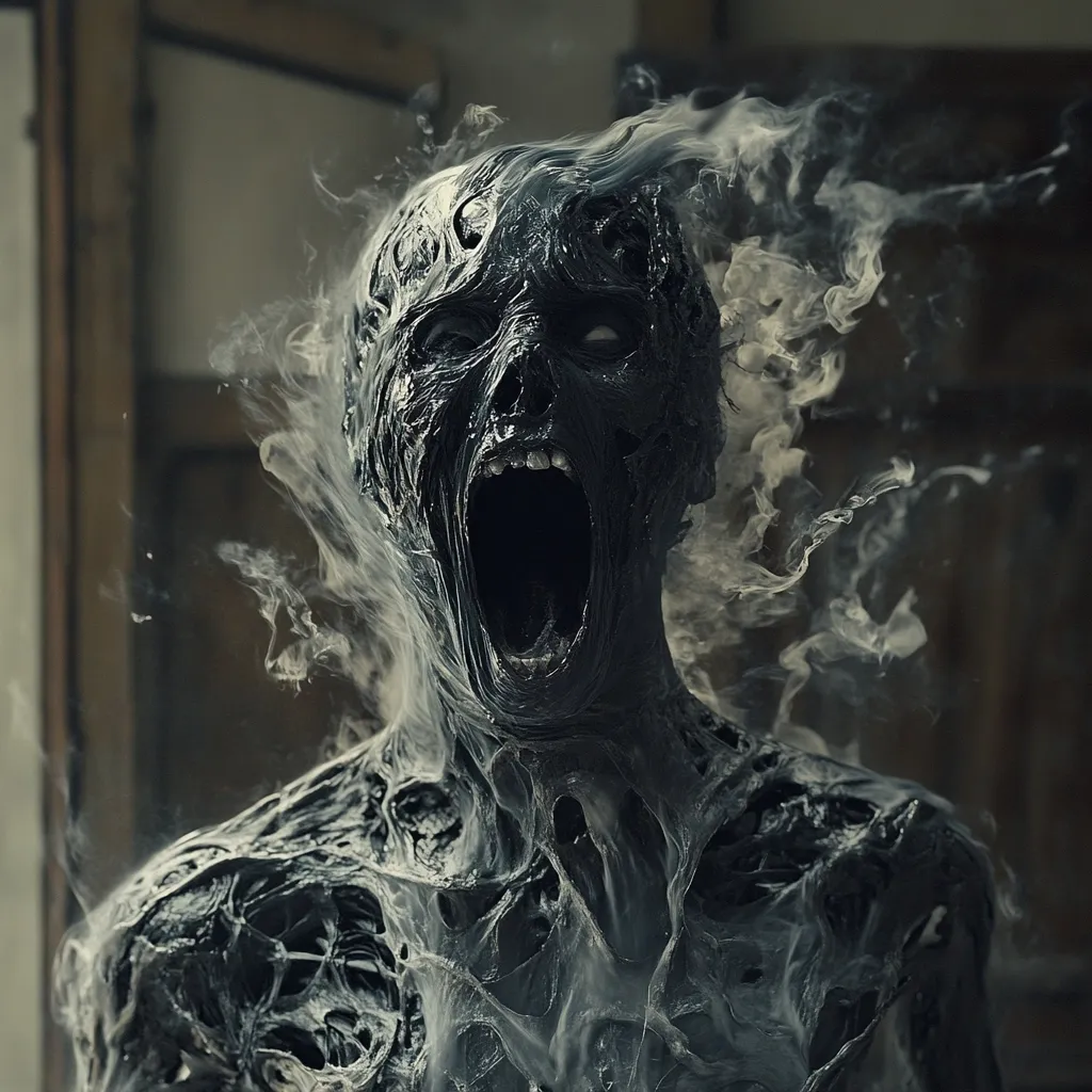 A horrifying figure, shrouded in smoke, screams with a gaping maw. Its skin is dark and textured, resembling melting wax or dried mud. Its eyes are wide with terror, and its body is contorted in pain. The figure appears to be trapped within the smoke, its screams echoing into the darkness. The image is both unsettling and captivating, evoking a sense of dread and horror.