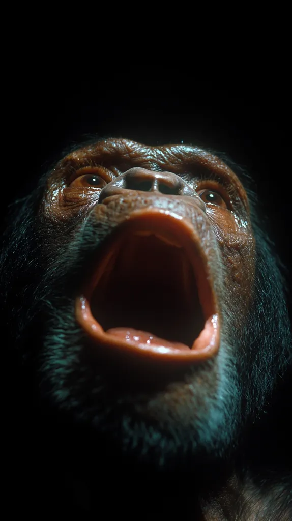 The image shows a close-up of a chimpanzee's face, with its mouth wide open in a loud scream. The chimpanzee's eyes are wide with fear or anger, and its fur is visible around its face. The background is dark, emphasizing the chimpanzee's expression of intense emotion.  The image conveys a sense of primal fear and aggression.