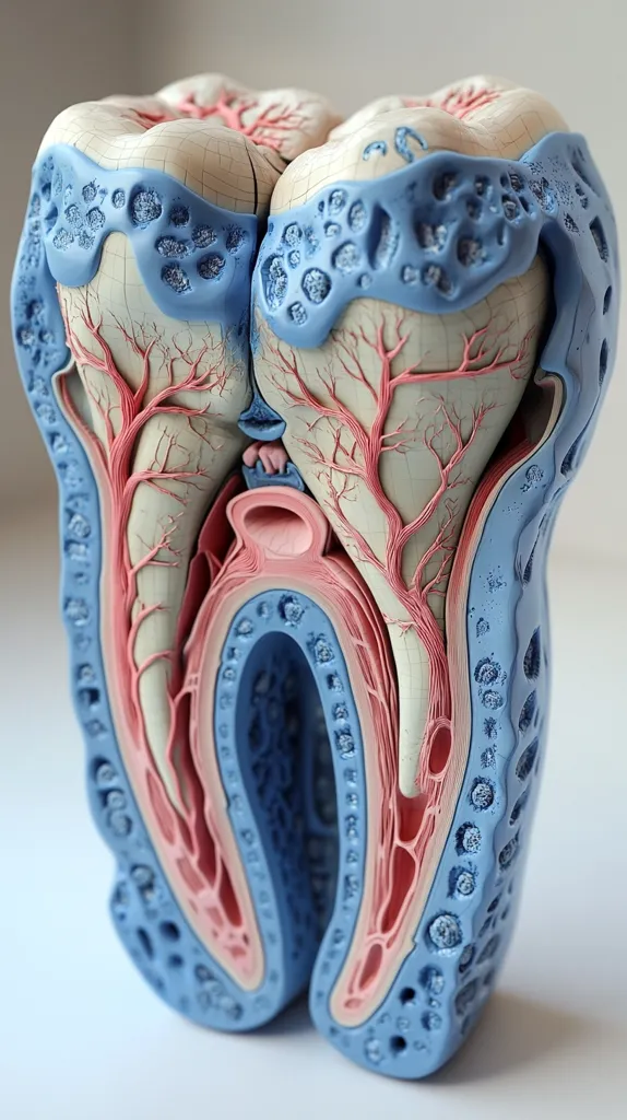 A detailed anatomical model of a human tooth, dissected to reveal its internal structure. The model is painted in shades of blue, pink and white. The outer layer of the tooth is blue and textured.  Inside, the tooth is shown with layers of pink enamel, white dentin, and red blood vessels. The root of the tooth is exposed, showing the nerves and blood vessels that supply the tooth. This model provides a visual representation of the complex structure of a human tooth.