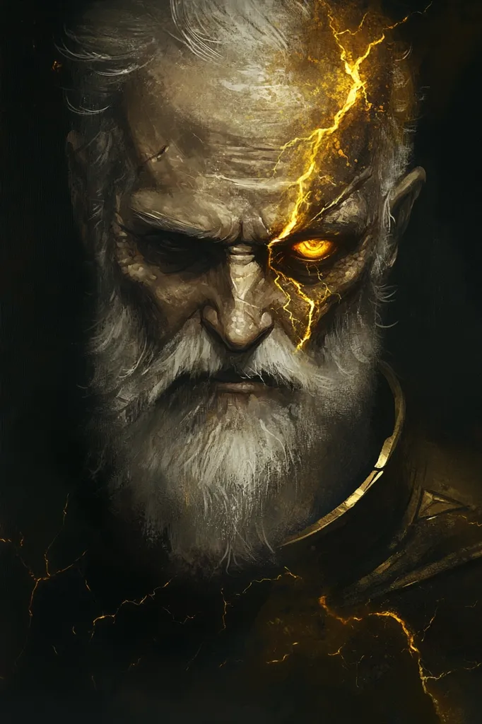 The image depicts a close-up of an old man with a long white beard. His right eye is glowing with a bright yellow light, and his face is marked with a large crack that is filled with a glowing yellow energy. The background is dark, with the edges of the image fading to black.  The man appears to be in pain or suffering, with his expression stoic and his eyes filled with a mix of sadness and determination.