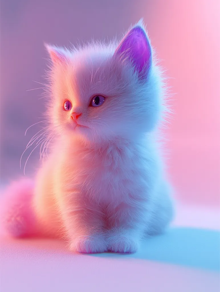 A fluffy white kitten with bright blue eyes sits on a surface bathed in soft, pink and blue light.  Its fur is soft and its ears are large and pointed.  The kitten's eyes are wide and innocent, looking directly at the camera.  The light creates a dreamy and ethereal effect.