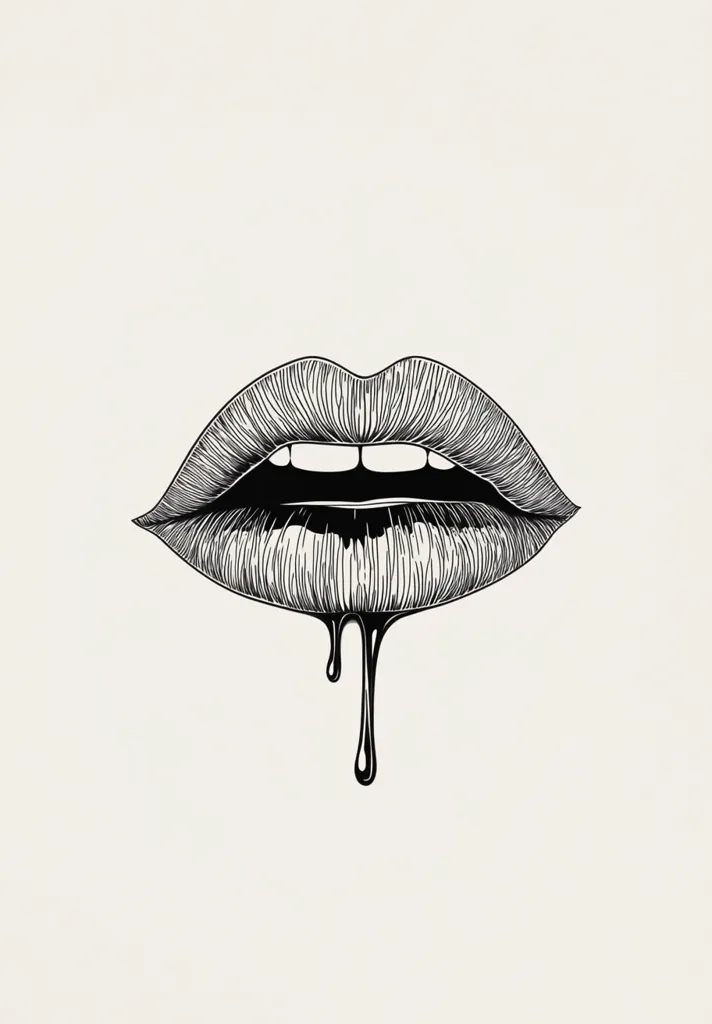 A black and white line drawing of a pair of lips with a dripping liquid. The lips are detailed with a lined texture and the dripping liquid has a smooth texture.  The drawing is isolated against a white background.  The drawing has a bold and graphic style.  The image is suggestive of sensuality and desire.