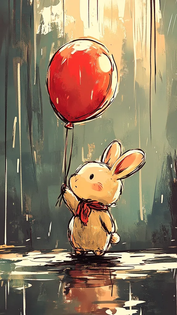 A cute, cartoon rabbit stands on a puddle in the rain, looking up at a red balloon floating above. The rabbit is wearing a red scarf and looks to be holding the string to the balloon. The background is a textured green and brown color, with lines of rain falling. The image creates a whimsical and innocent feeling.