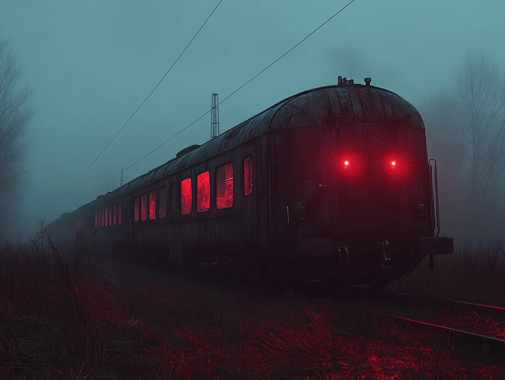 An old, dark train with glowing red windows sits on a track. The train is shrouded in mist, and the atmosphere is ominous. The train's red lights make it seem like a monster with glowing eyes.  The scene creates a sense of mystery and unease.