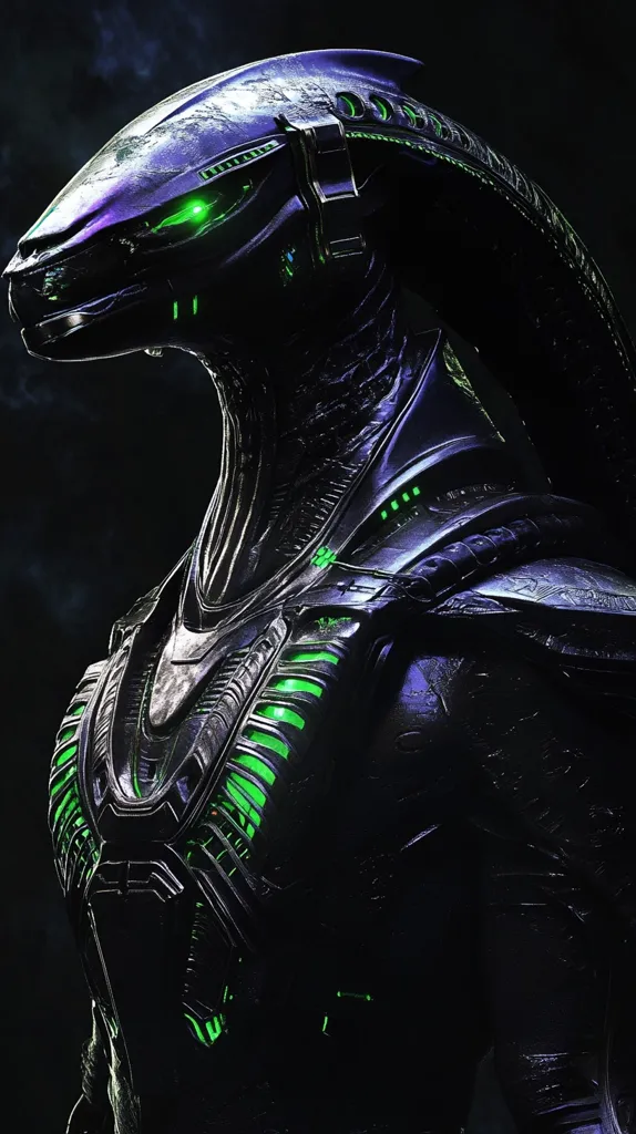 A dark, futuristic creature with a sleek, black, textured exoskeleton and glowing green eyes. It has a long, curved neck and a helmet-like head with intricate details. The creature's body is covered in green accents that suggest technology or bioluminescence.  It appears to be a character from a science fiction movie or video game.