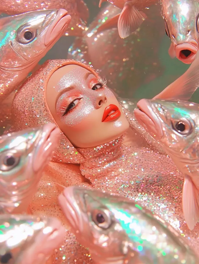 A woman with pink glittery makeup and a pink sequined top is surrounded by several shiny silver fish. The scene is bright and ethereal, with a soft focus and pastel colors. The image evokes a sense of fantasy and whimsy.