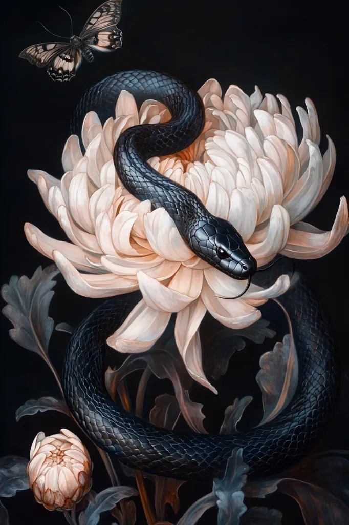 A black snake wraps around a delicate white chrysanthemum flower, its scales reflecting the light. A butterfly with brown and white wings hovers above, adding a touch of ethereal beauty to the scene. The dark background emphasizes the contrast between the snake's sleek form and the flower's fragile beauty. The image evokes a sense of mystery and intrigue, with the snake symbolizing danger and the flower representing innocence.